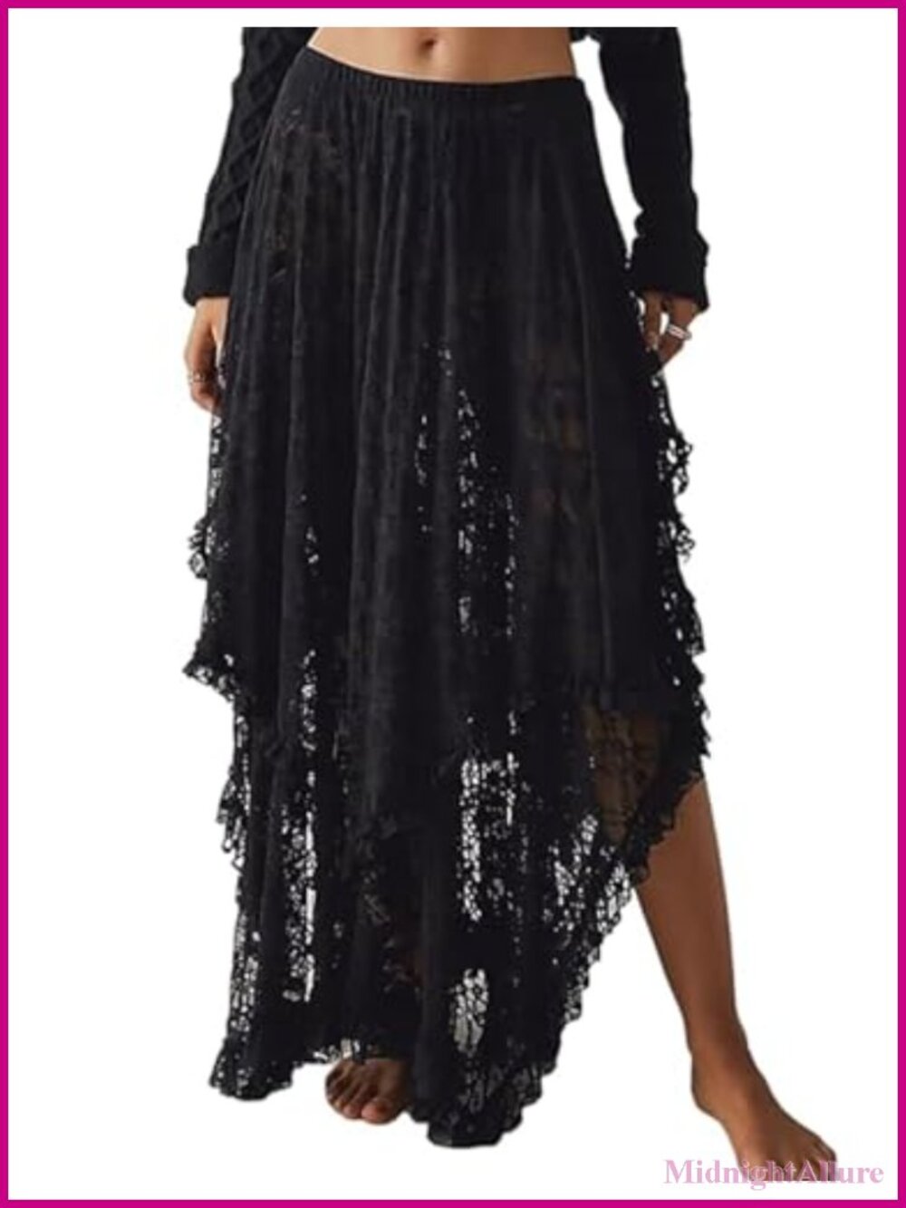 Flowy Asymmetrical Boho Women's Lace Maxi Skirt with Elastic Waist